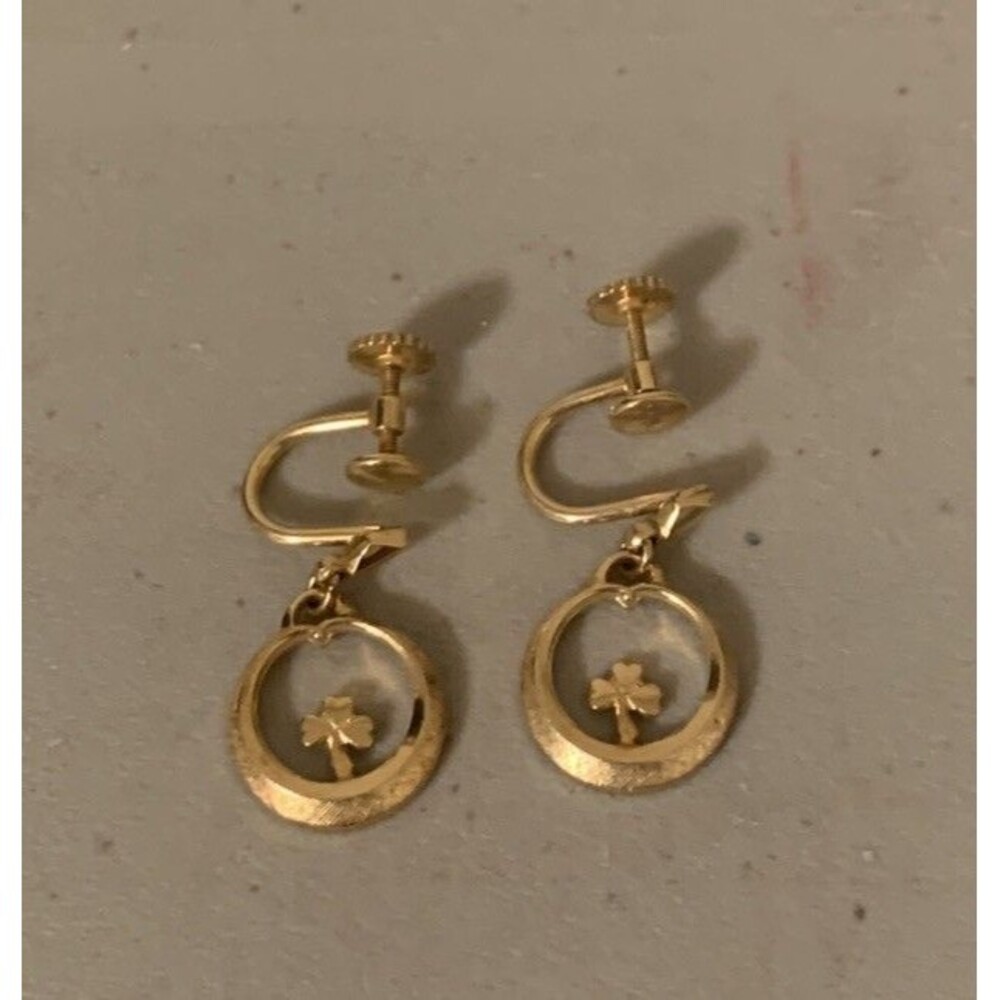 Vintage K&L 14K RG Irish Clover Earrings Dangle Drop Screw Back Rolled Gold Luck